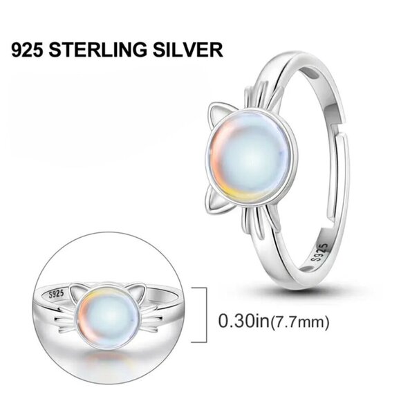 NWT S925 Sterling Silver Round Moonstone Cat Ring Adjustable Sz.6-8 - Picture 7 of 8